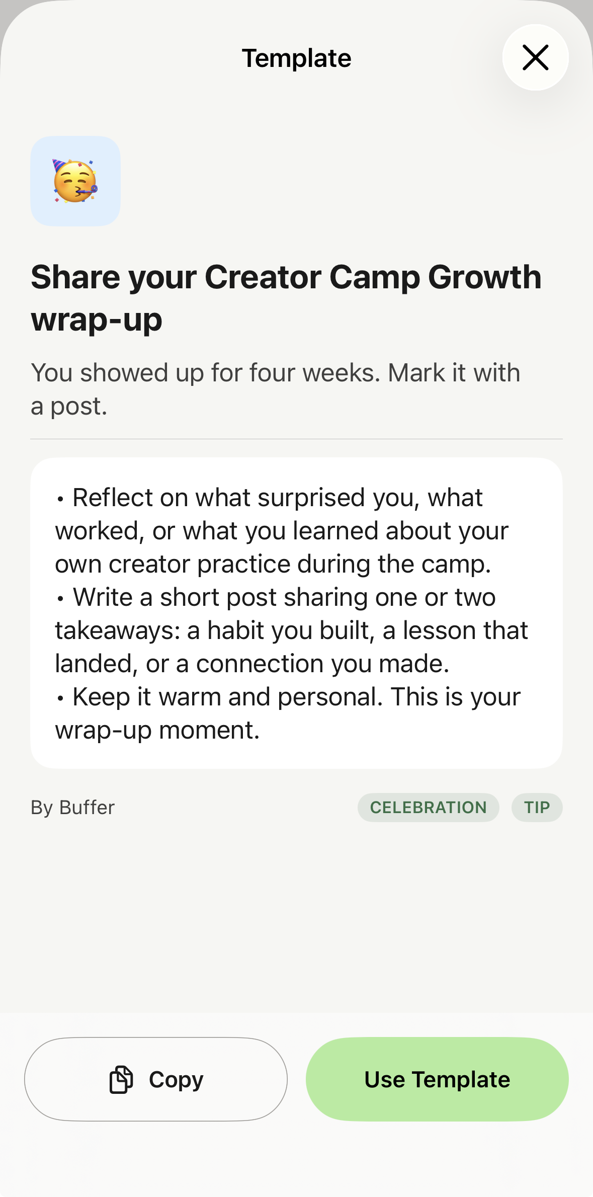 Buffer mobile app - opened Template with Copy and Use Template options visible