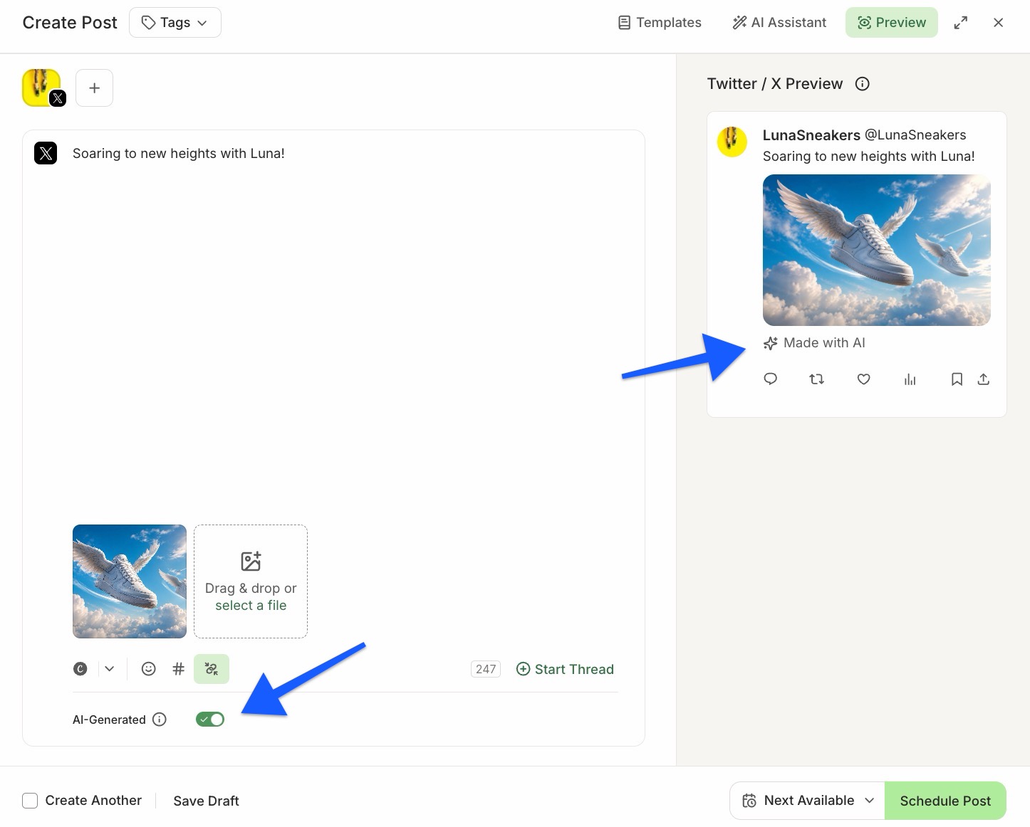 Buffer - Publish composer with arrows pointing to AI-Generated toggle and Made with AI in post preview