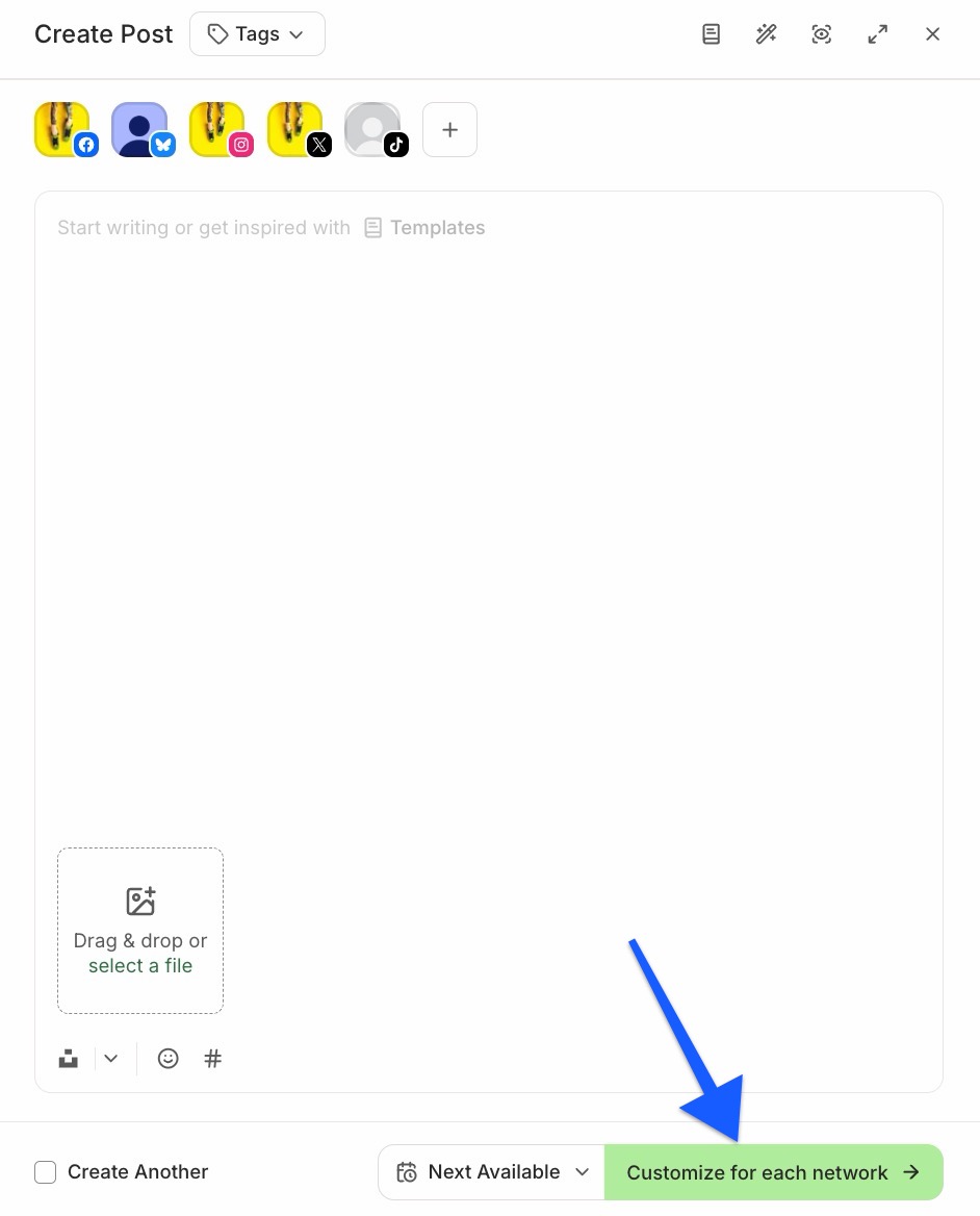 Buffer composer with arrow pointing to Customize for each network