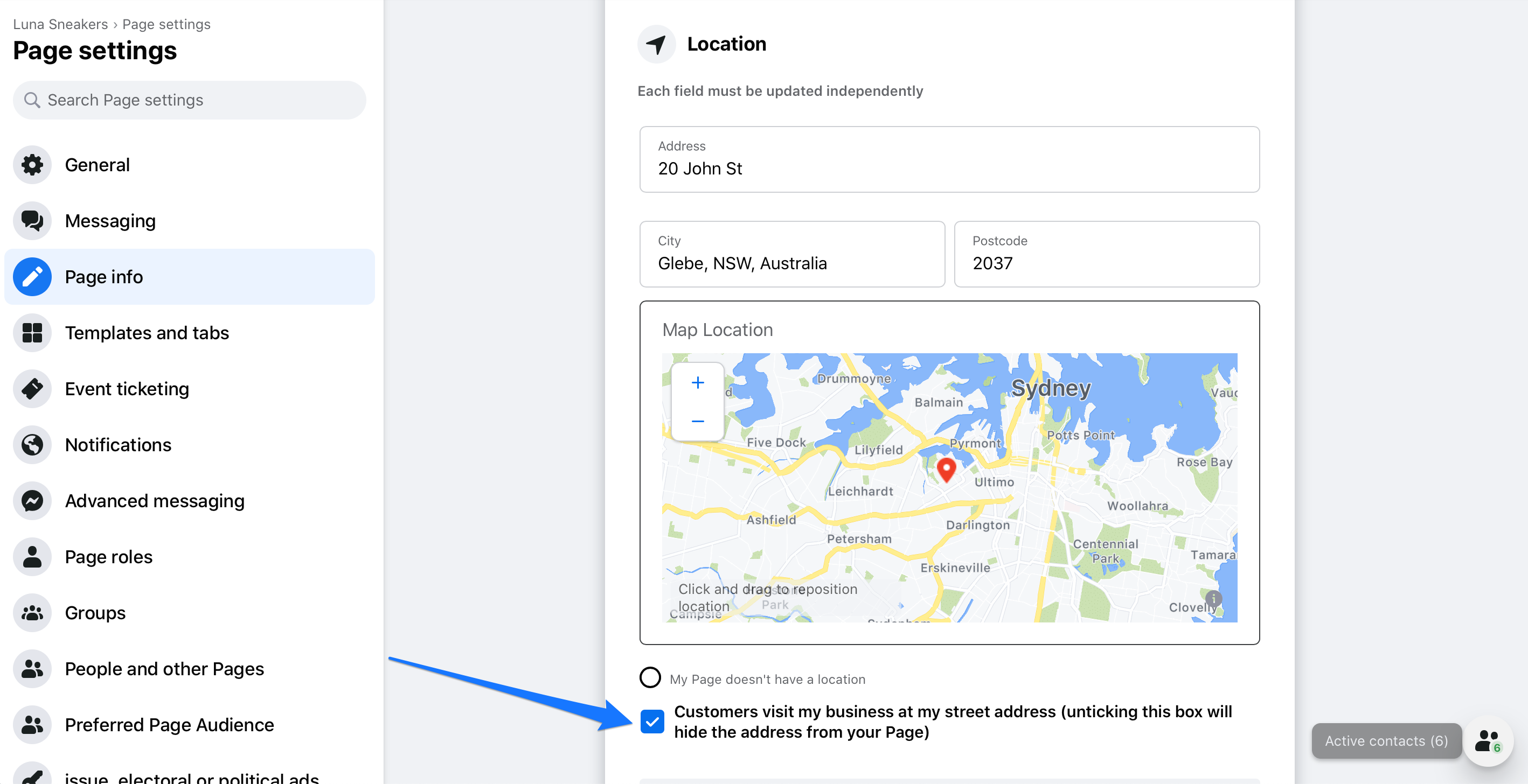 Facebook page location checkbox