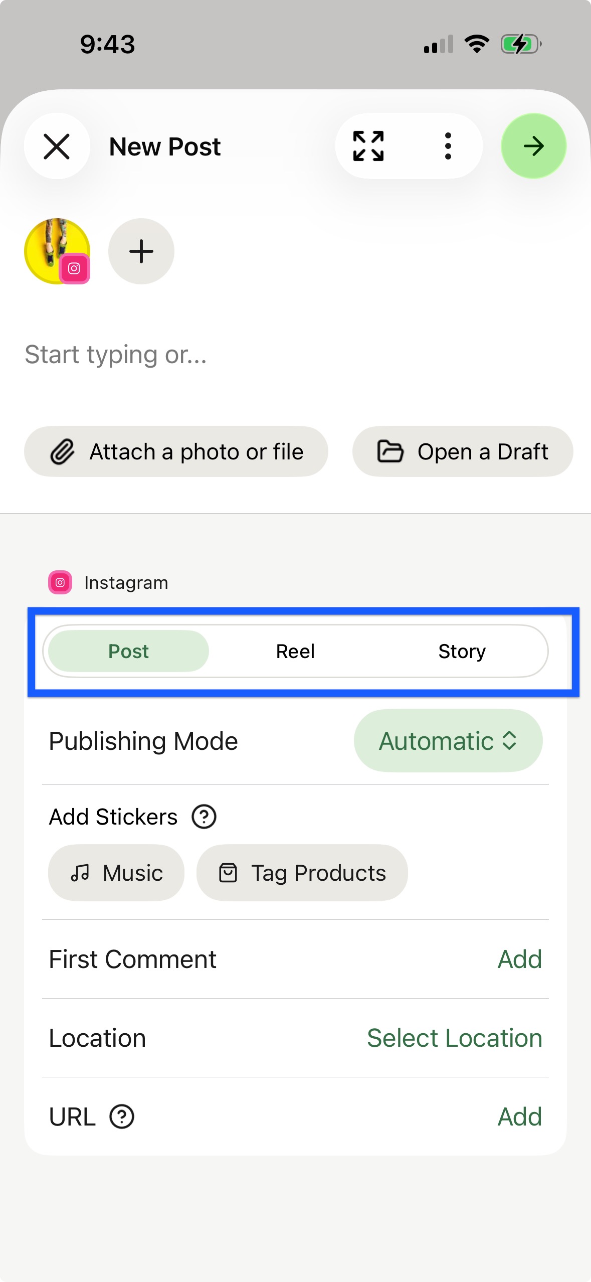 Buffer mobile app - Instagram post, reel, or story
