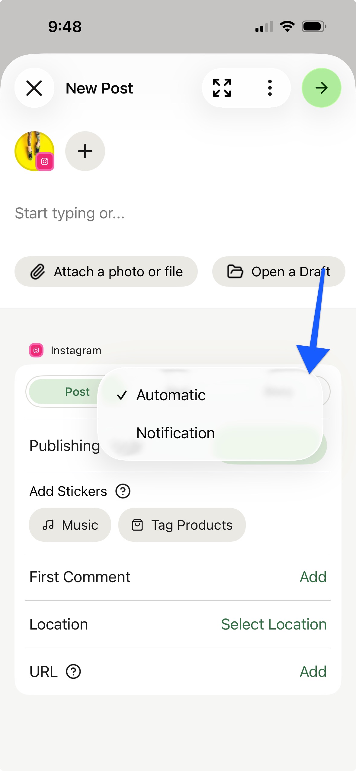 Buffer mobile app - Instagram notification or automatic toggle