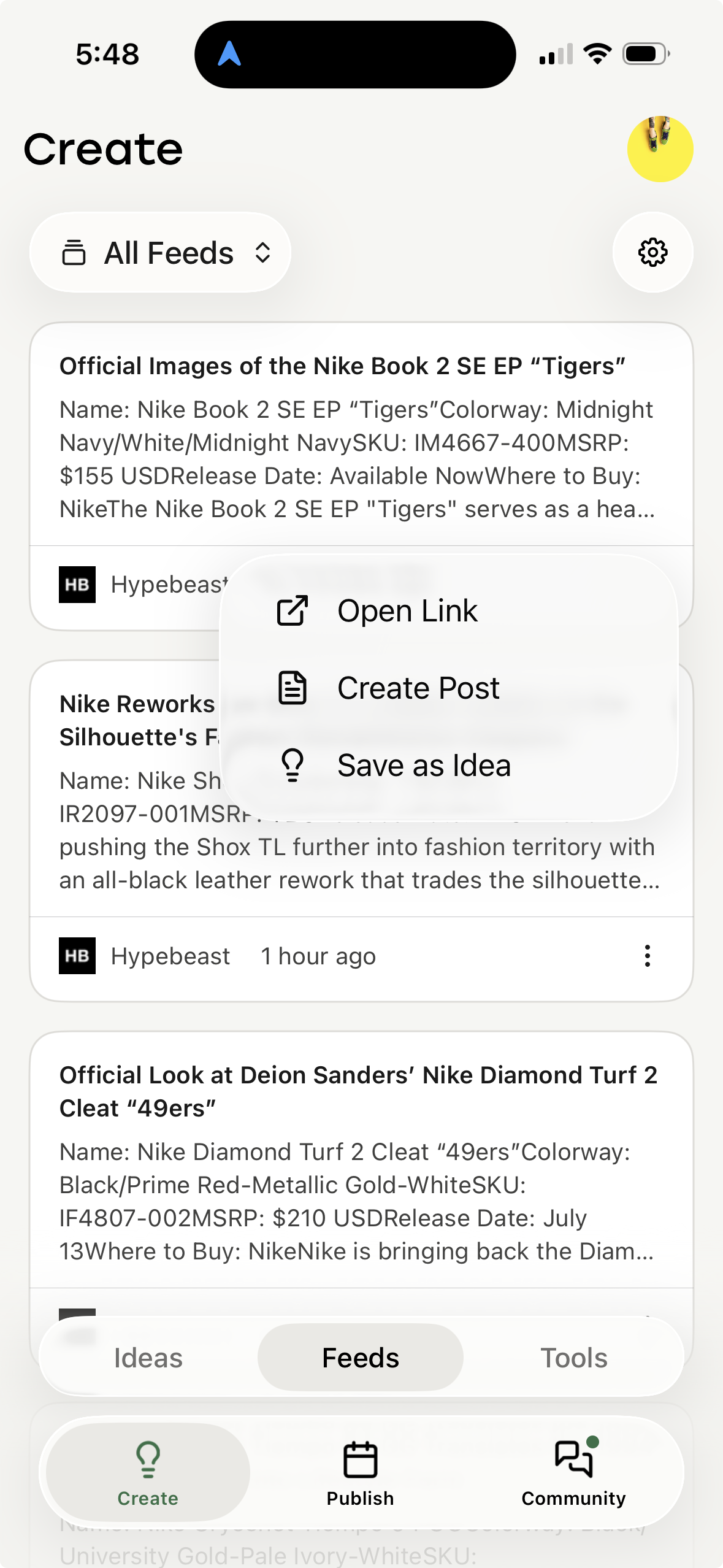 Buffer mobile app - post options on a Feeds item