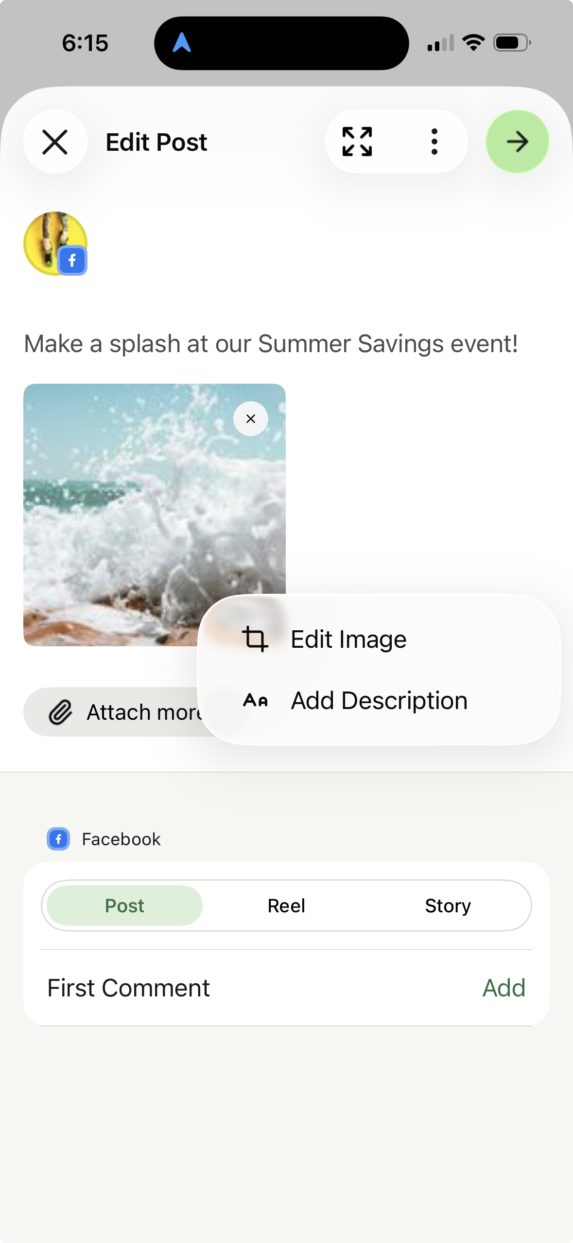 Buffer mobile app - option to Edit Image or Add Description