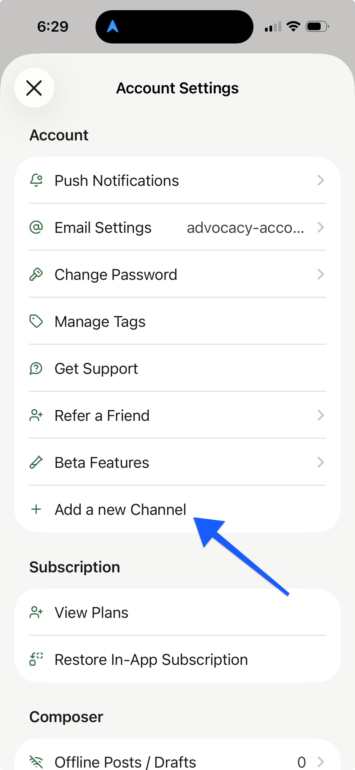 Buffer mobile app - Add a new channel button