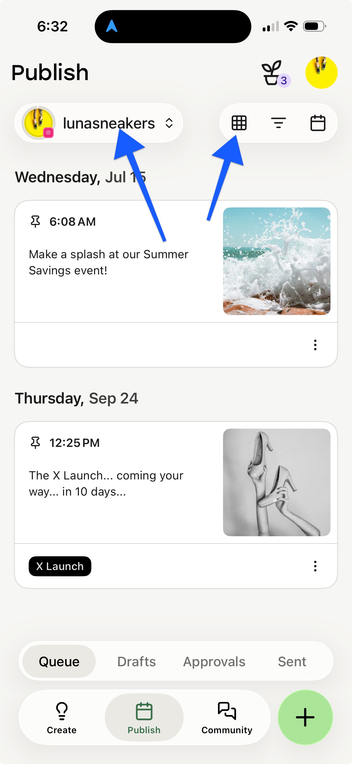 Buffer mobile app - arrows pointing to Instagram channel and Instagram grid icon