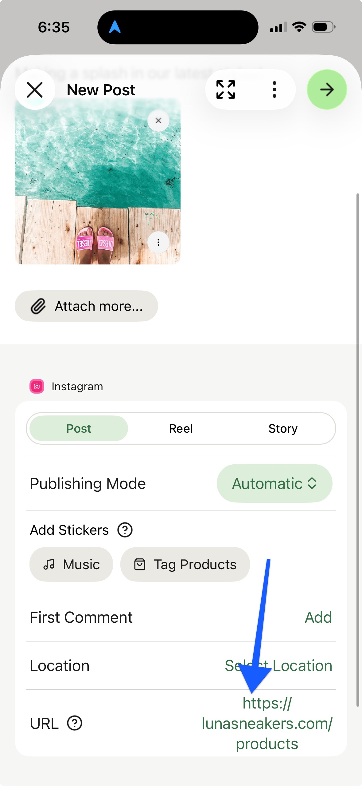 Buffer mobile app - Instagram post with Shop Grid URL