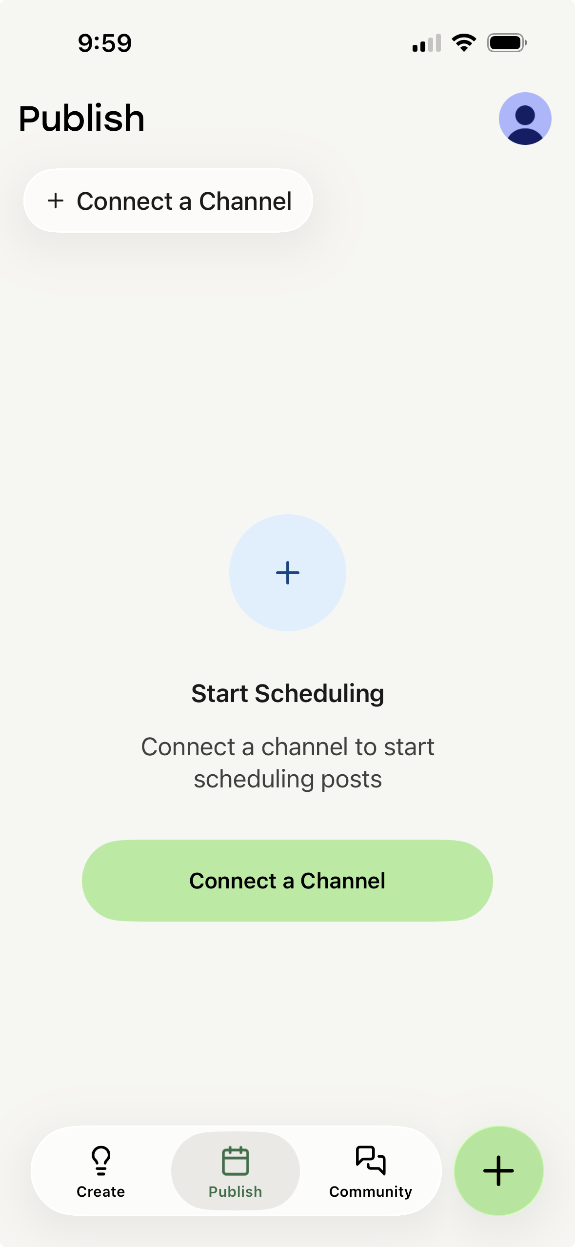 Buffer mobile app - empty Publish tab with Connect a Channel button
