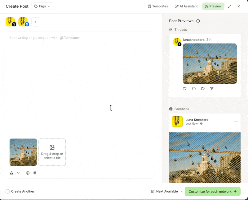 GIF of option to add alt text appearing after clicking Customize for each network