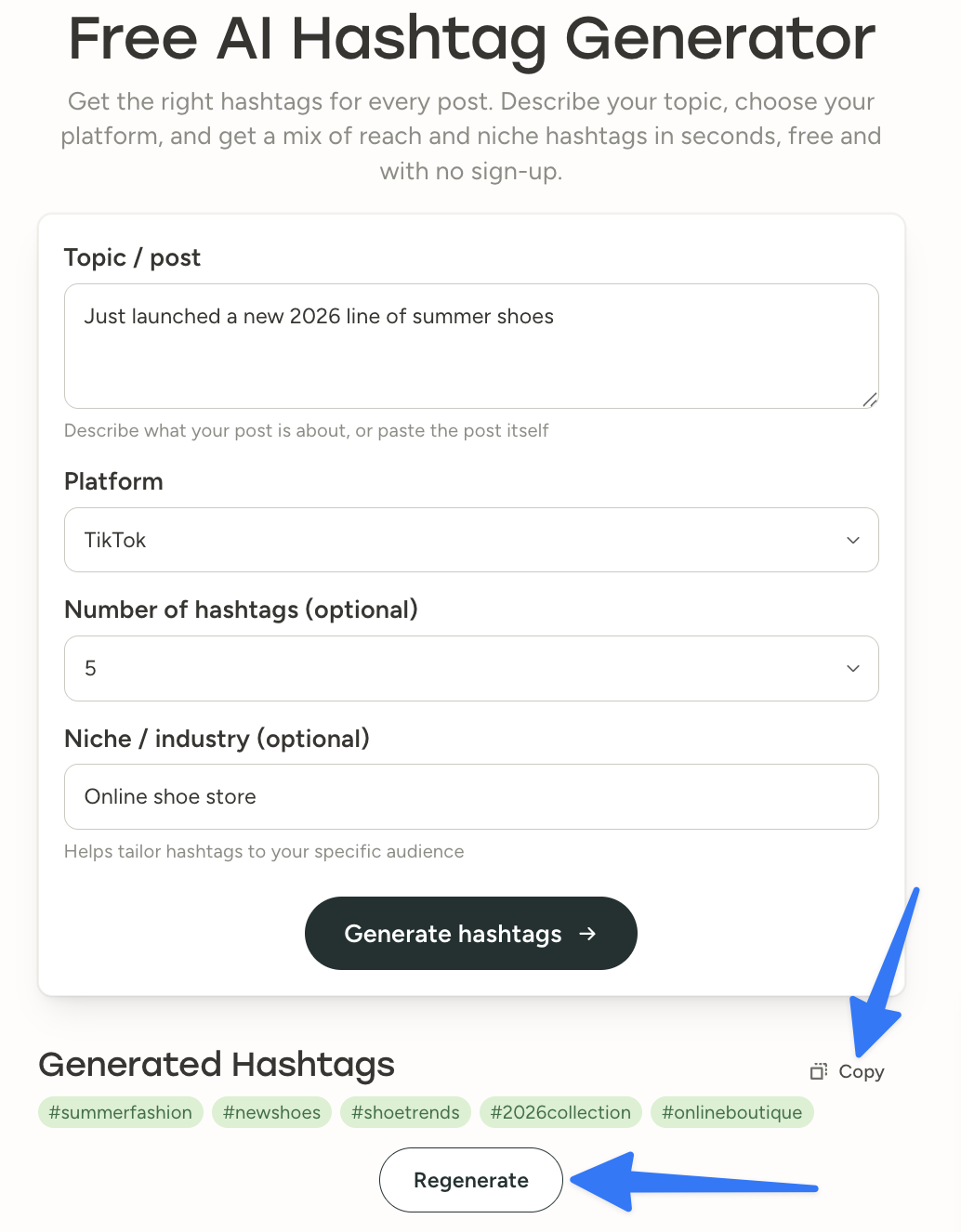 Screenshot: Results panel showing hashtag list with Copy all and Regenerate buttons