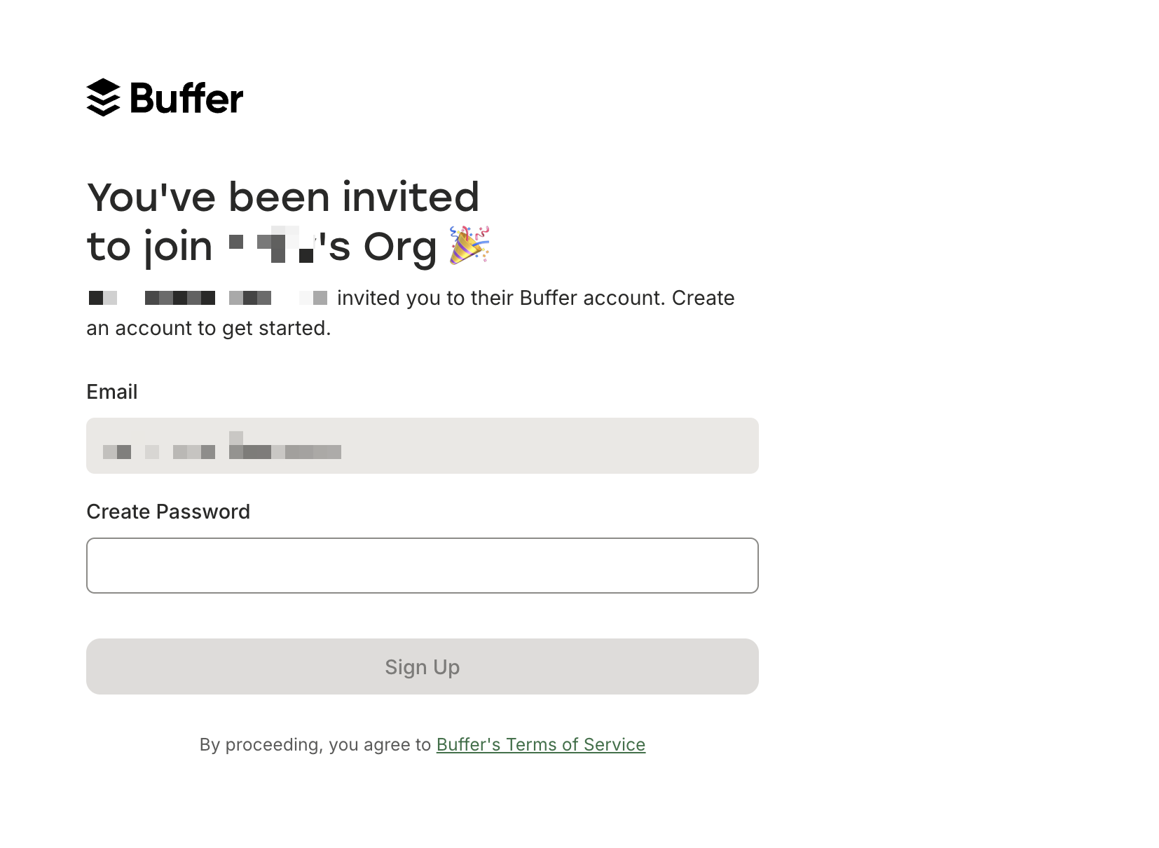 Screenshot: sign-up page with email prefilled and Create Password field