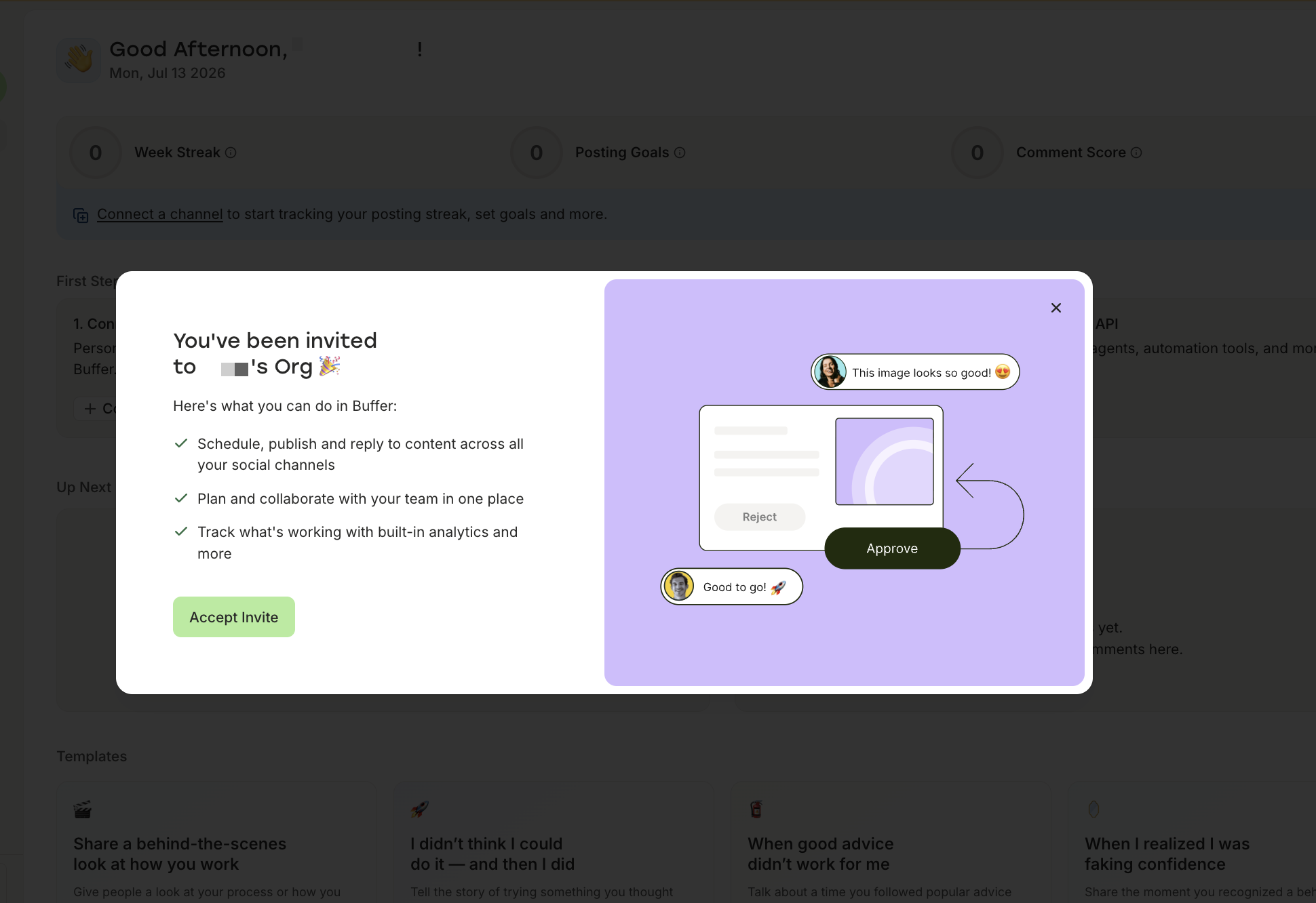 Screenshot: in-app invitation modal,