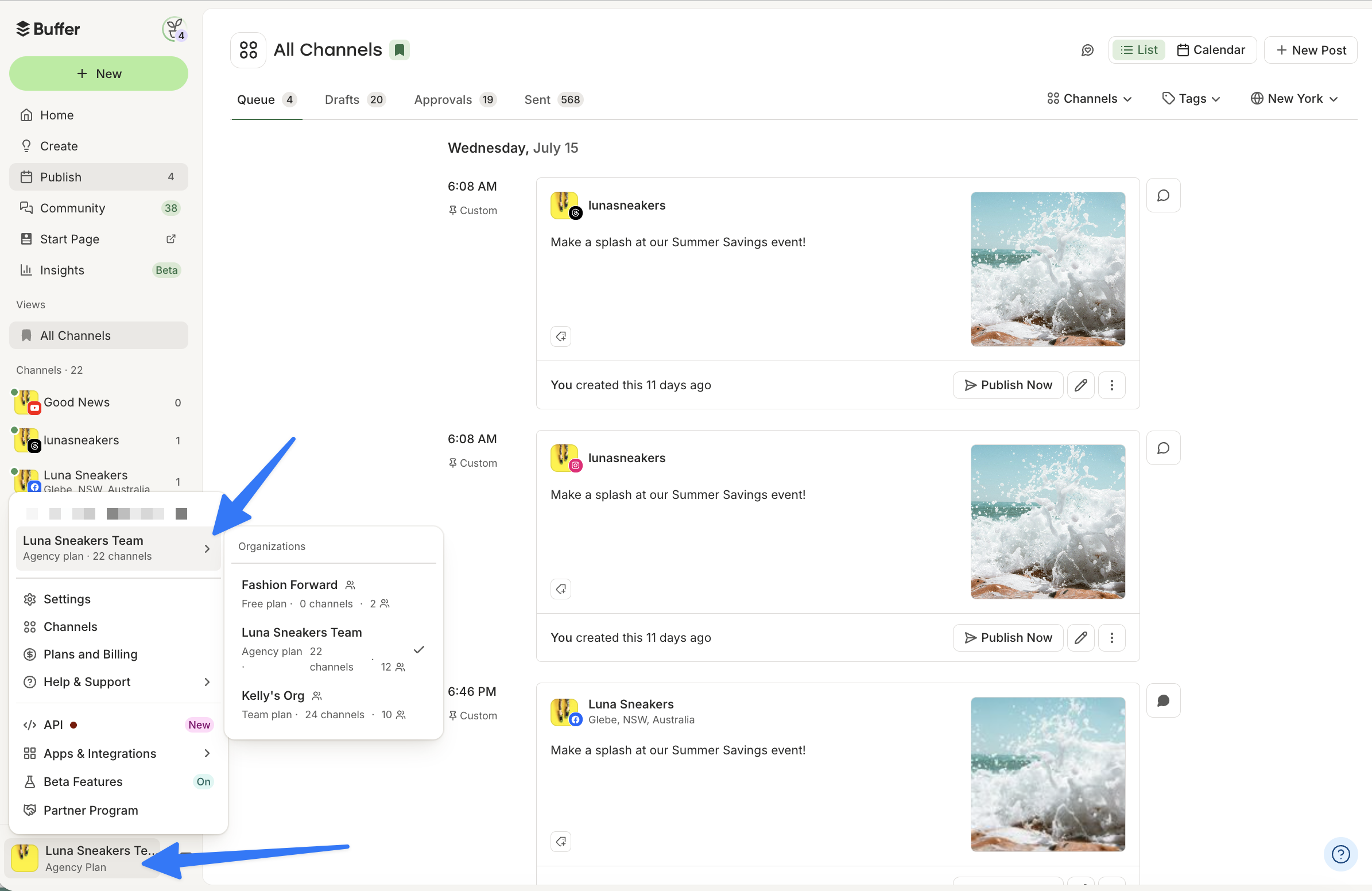 Screenshot: bottom-left organization switcher showing three different Organizations