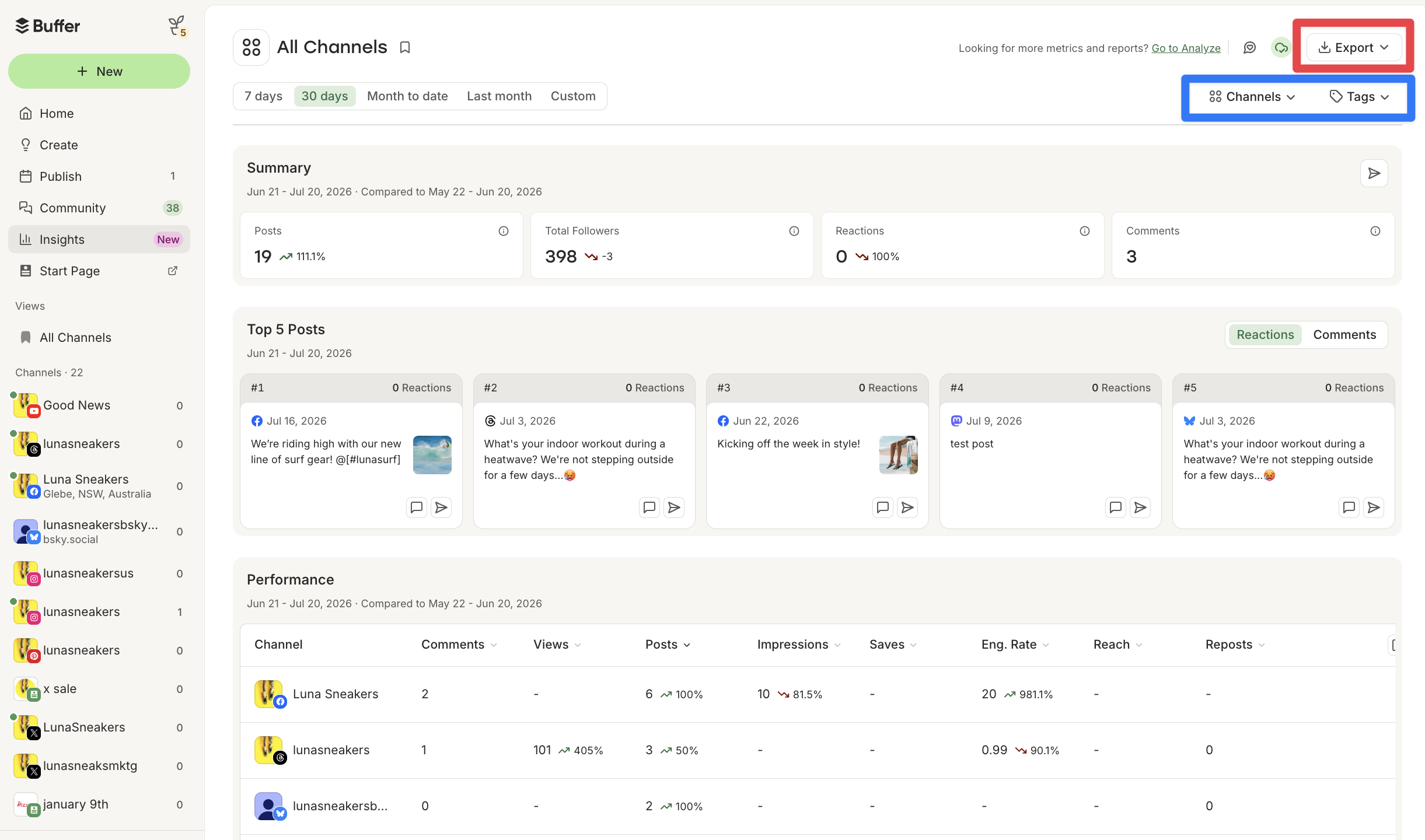 Screenshot: Top of the Insights dashboard with the Tags filter & Channels filter annotated in blue and Export button annotated in red