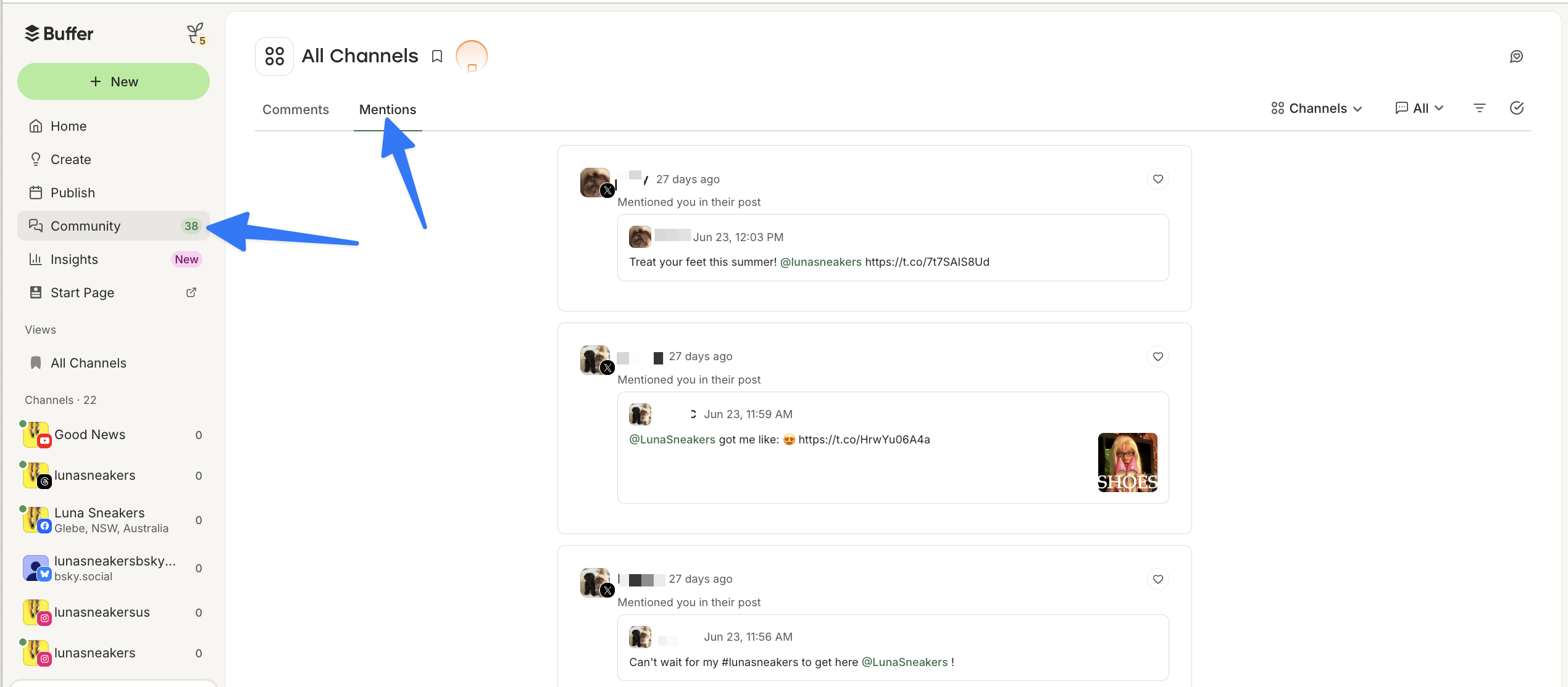 Screenshot: The Mentions tab selected in the Community left sidebar, showing a list of incoming mention cards