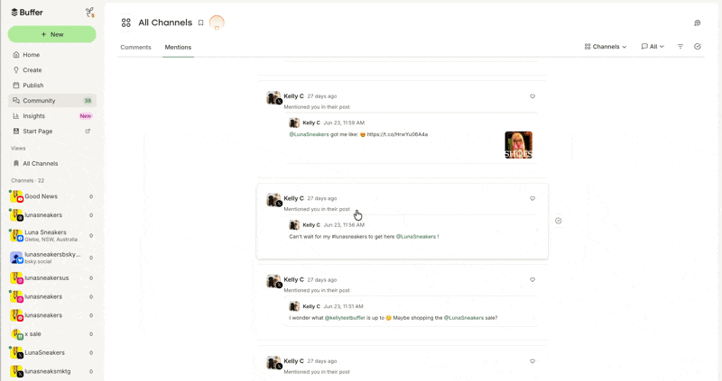 GIF: Clicking into the Reply field on a mention card and sending a reply