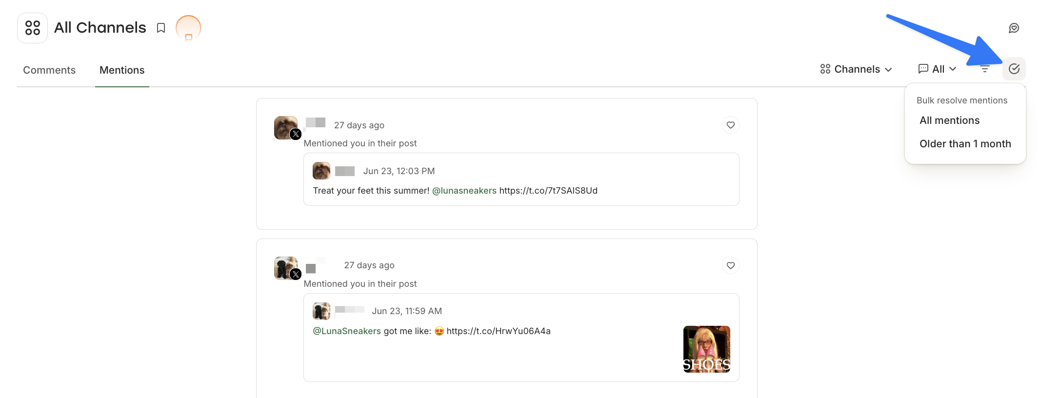 Screenshot: The ⋯ menu open in the Mentions tab, showing the Bulk resolve mentions option with All mentions and Older than 1 month