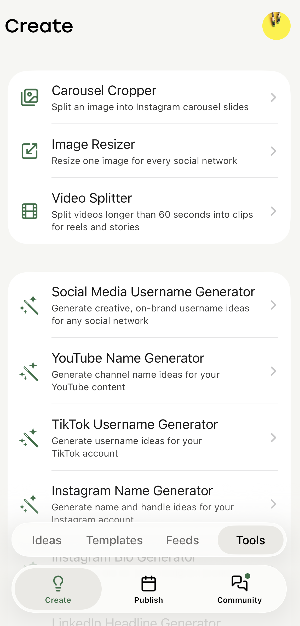 Screenshot: Free Tools list view showing all available tools