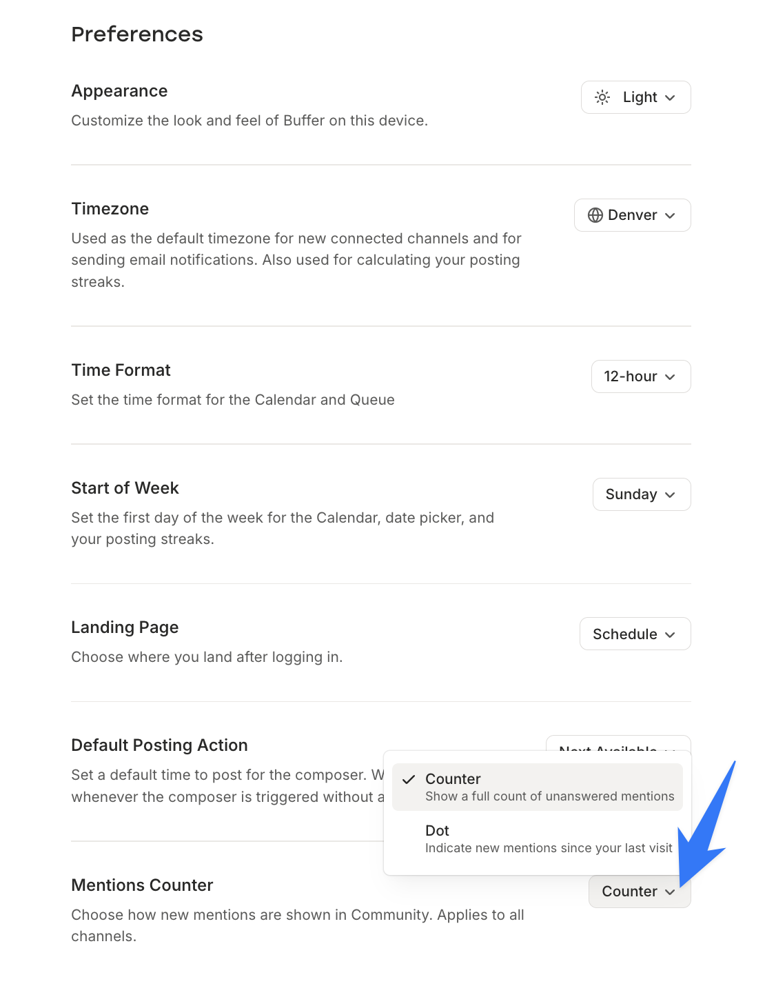 Screenshot of Mentions Counter options in Settings > Preferences