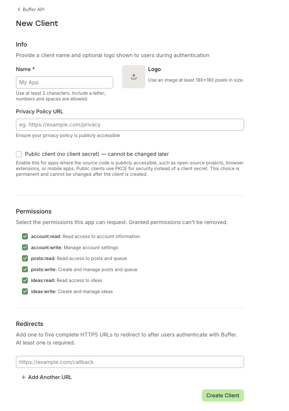 Buffer API - New Client Screen