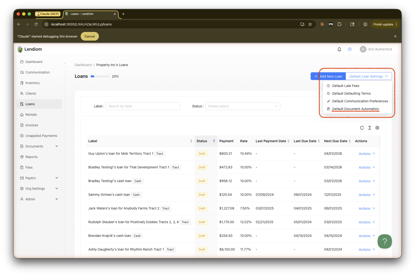 Default Loan Settings dropdown