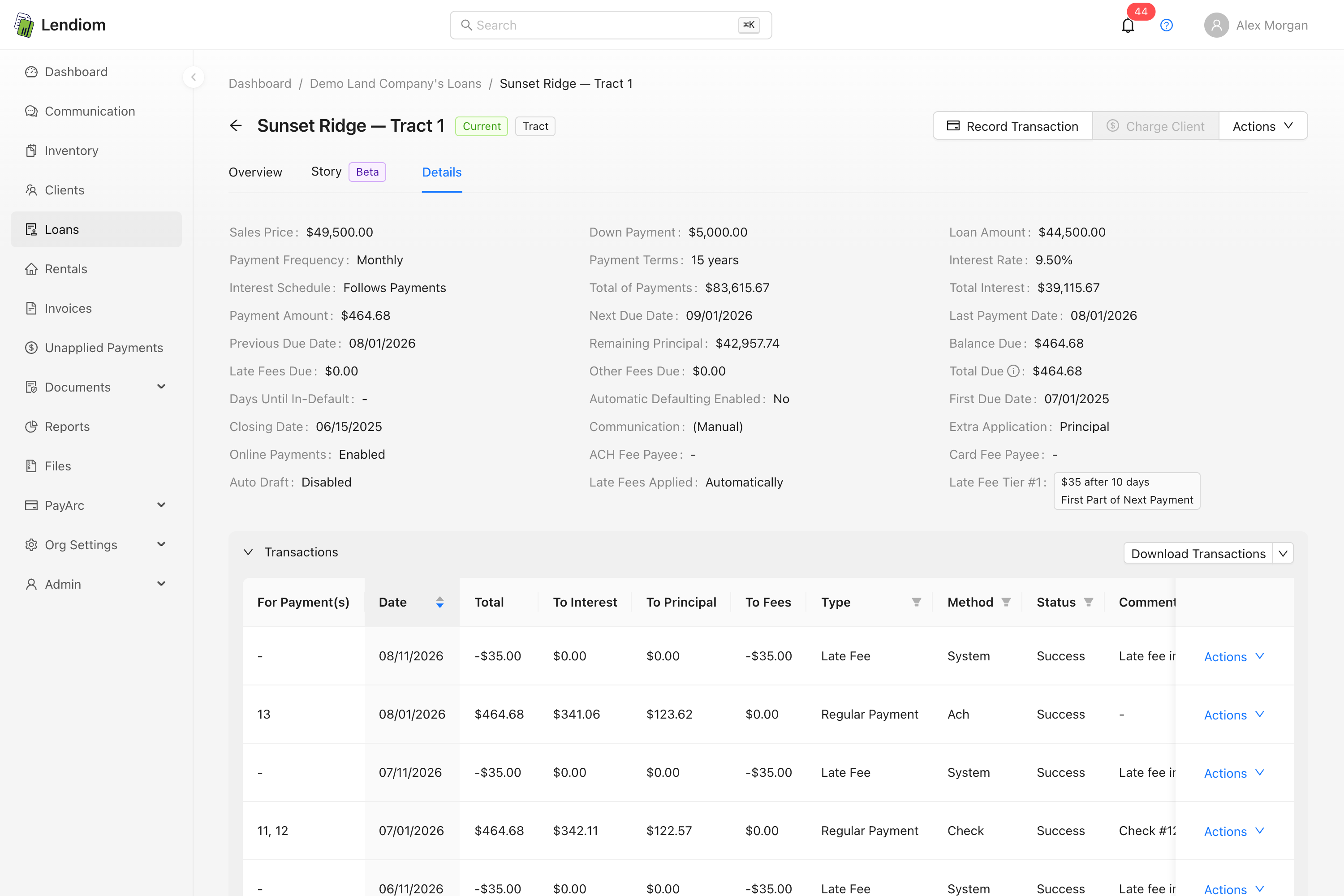 The Details tab of a loan, showing the terms, dates and configuration in one place