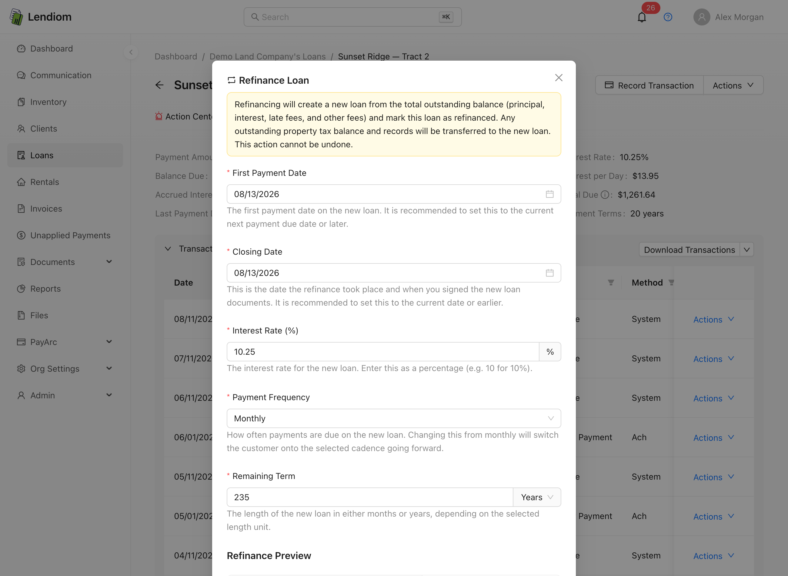 The Refinance Loan modal, with the new terms and the remaining-balance summary