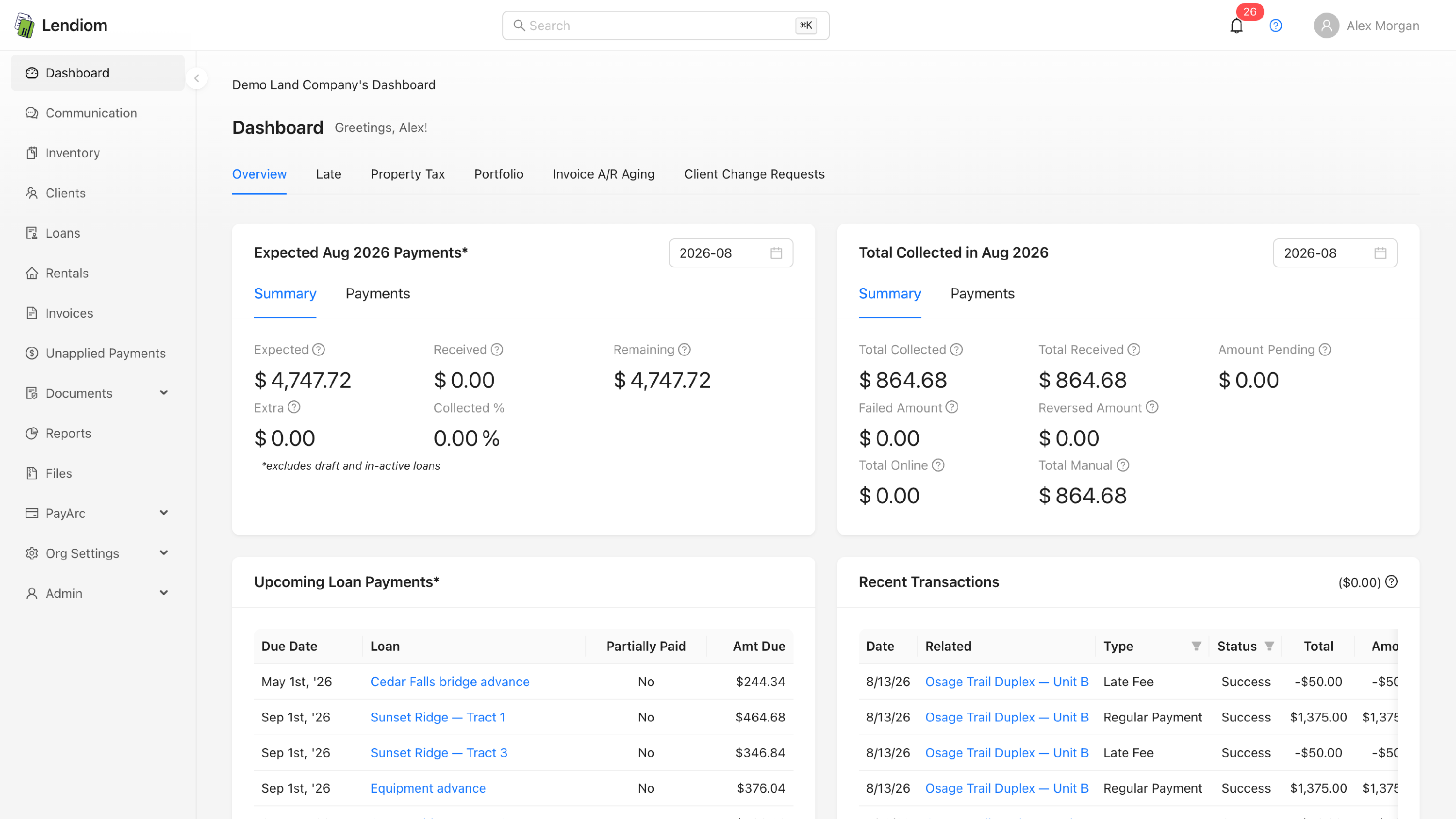 The Expected Payments and Total Collected cards side by side on the dashboard
