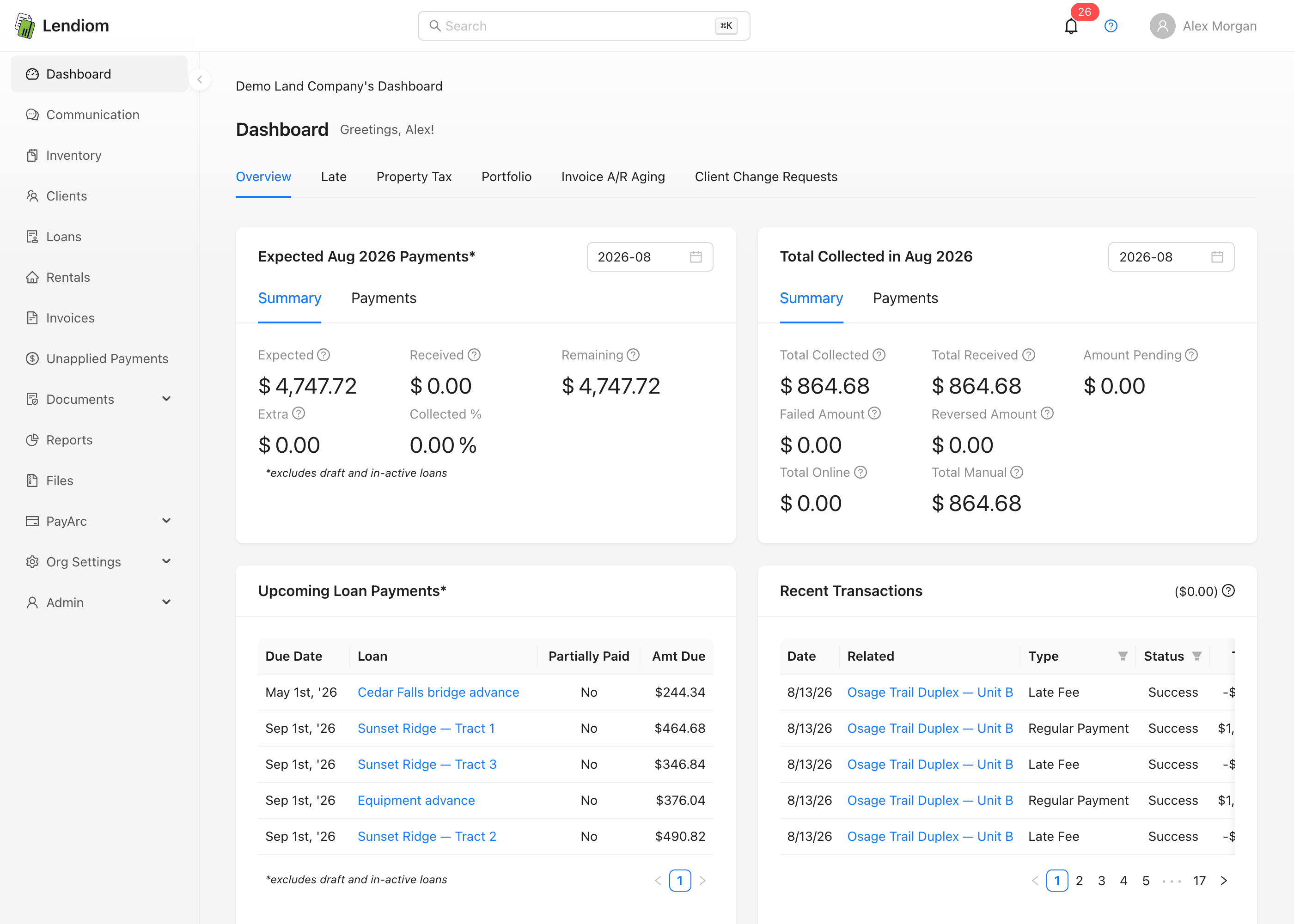 The Recent Events feed on the dashboard, listing recent tract, loan and invoice activity