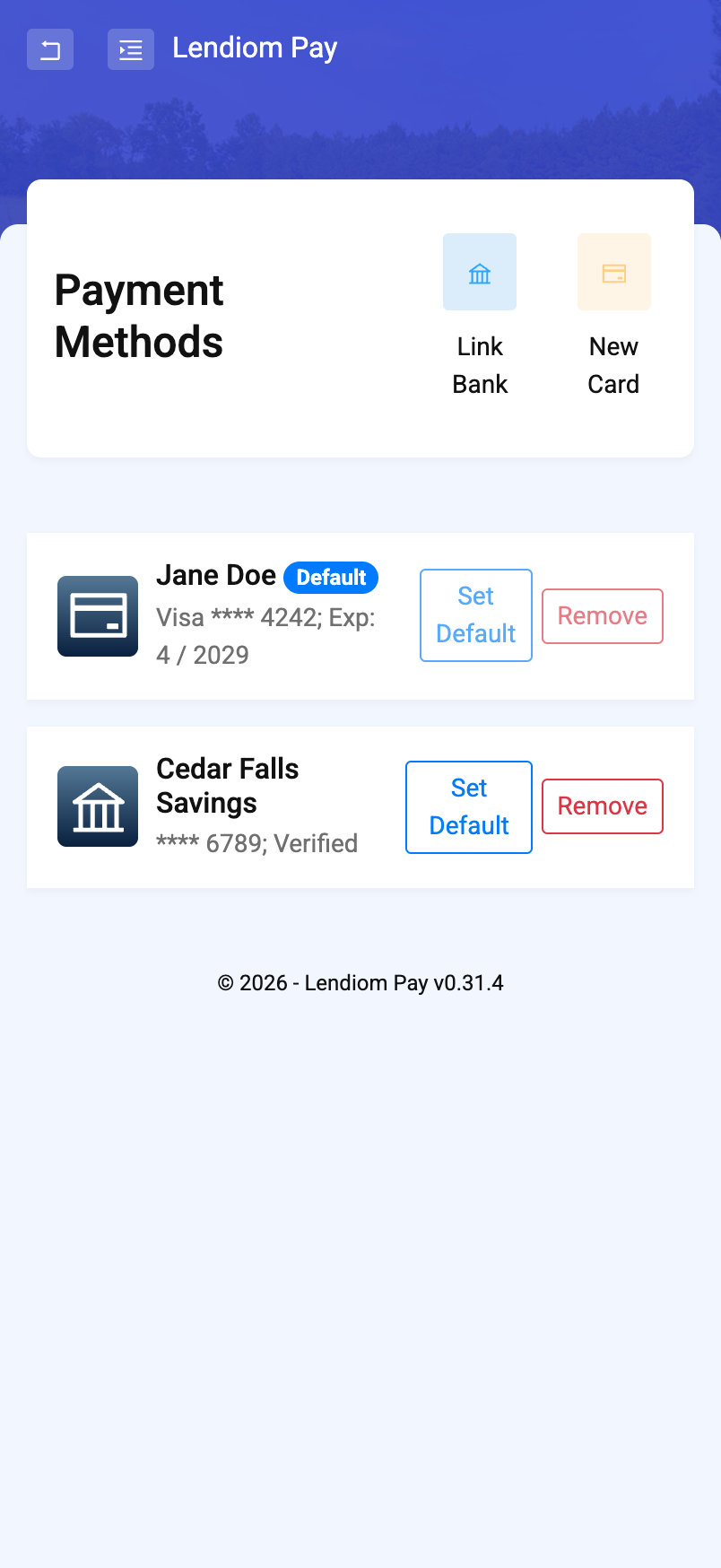 The Payment Methods page in Lendiom Pay listing a saved card and a saved bank account