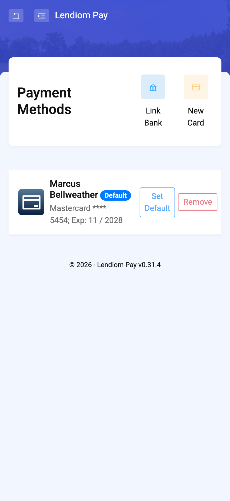 The Payment Methods page in Lendiom Pay with a single card on file and its Remove control