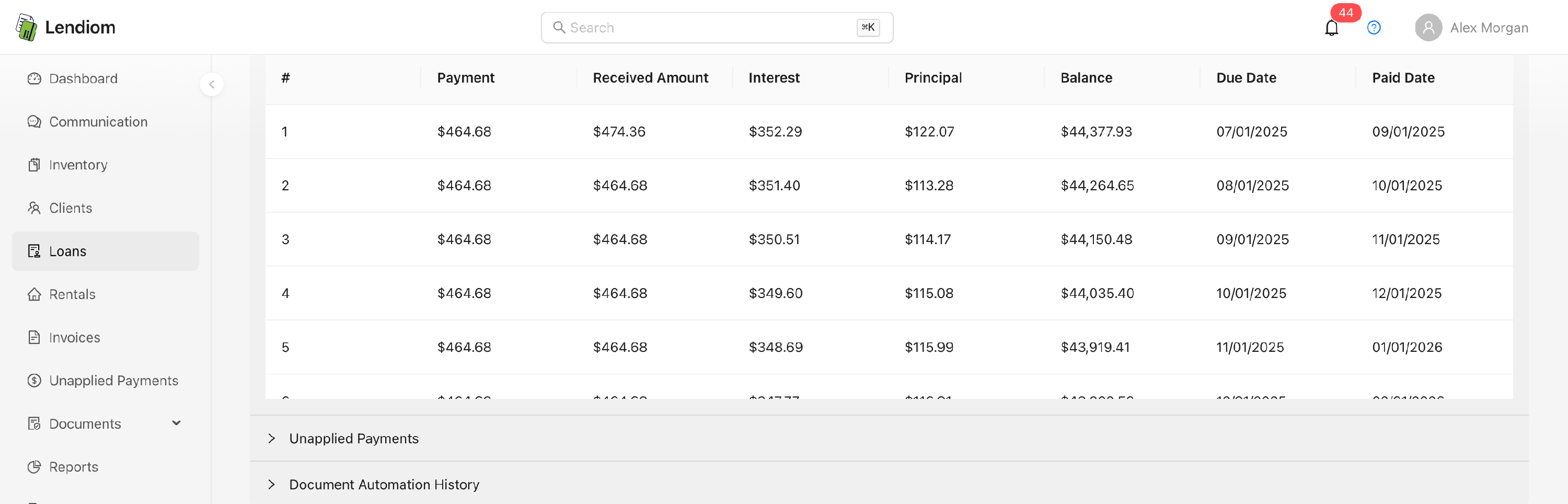 A loan detail page with the Amortization Schedule panel expanded, showing paid rows above the projected ones