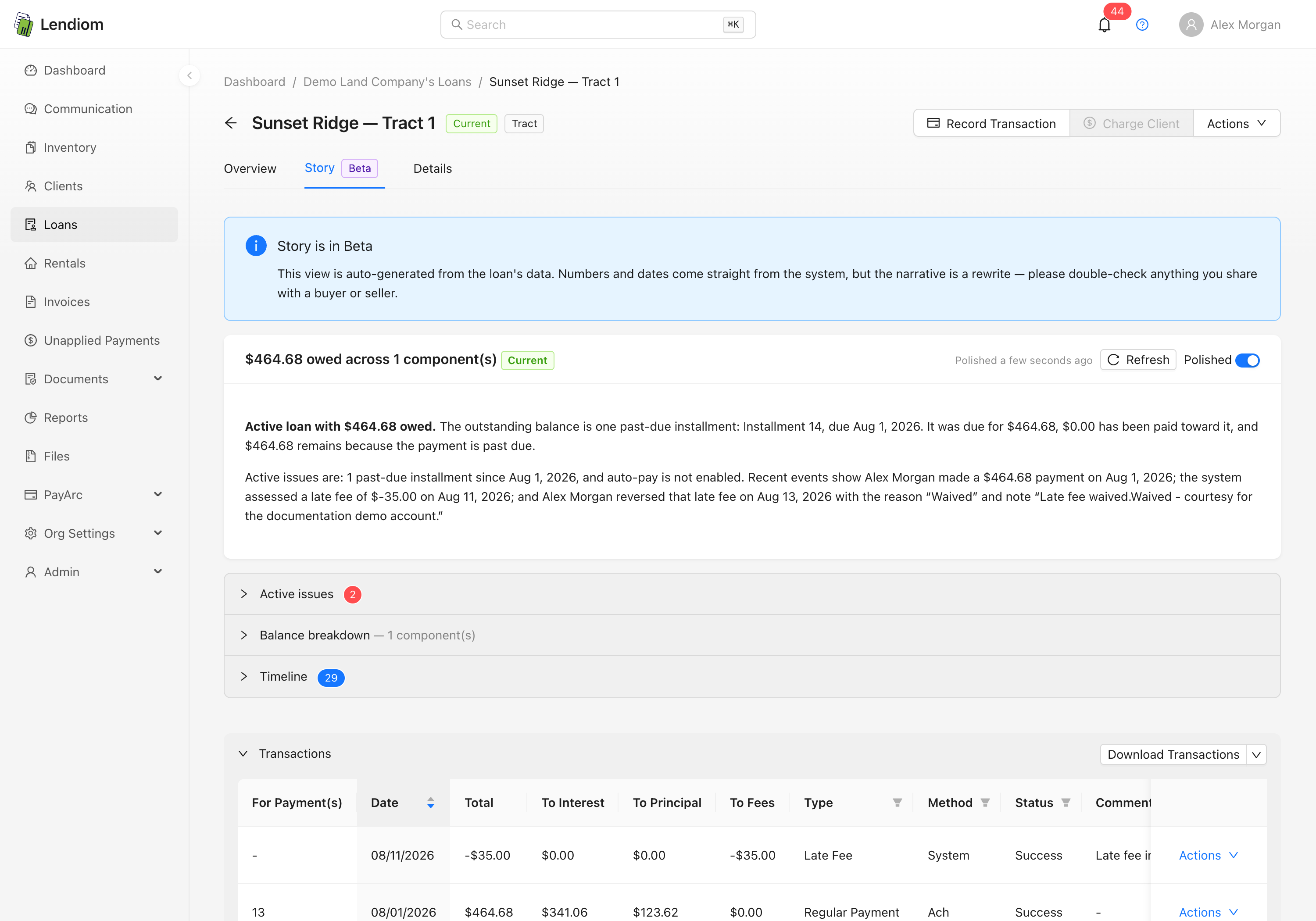 The Story tab, with the beta banner, the narrative card, and the collapsed section headers below it
