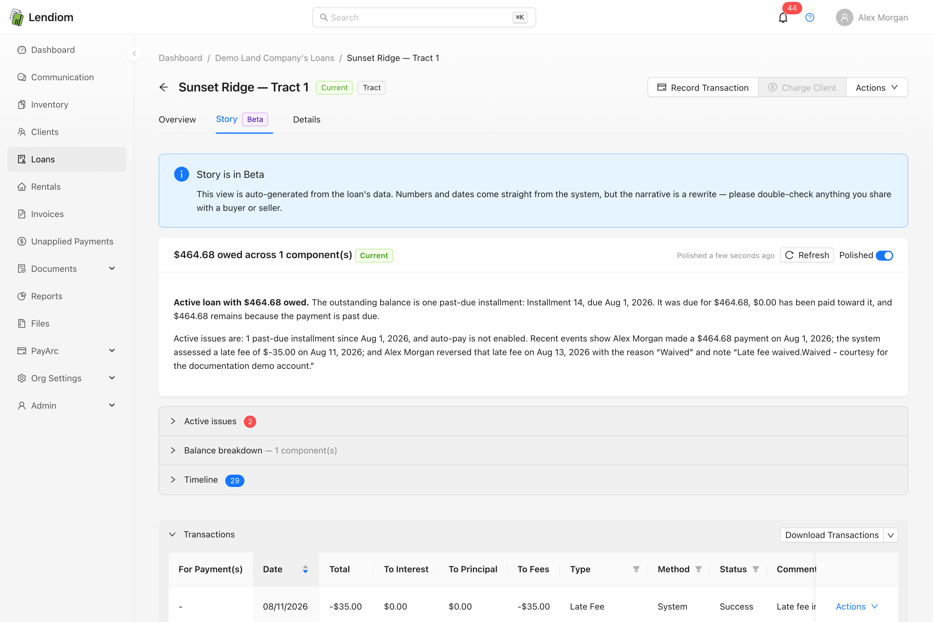The Story tab narrative card, with the headline, the prose summary and the Polished toggle