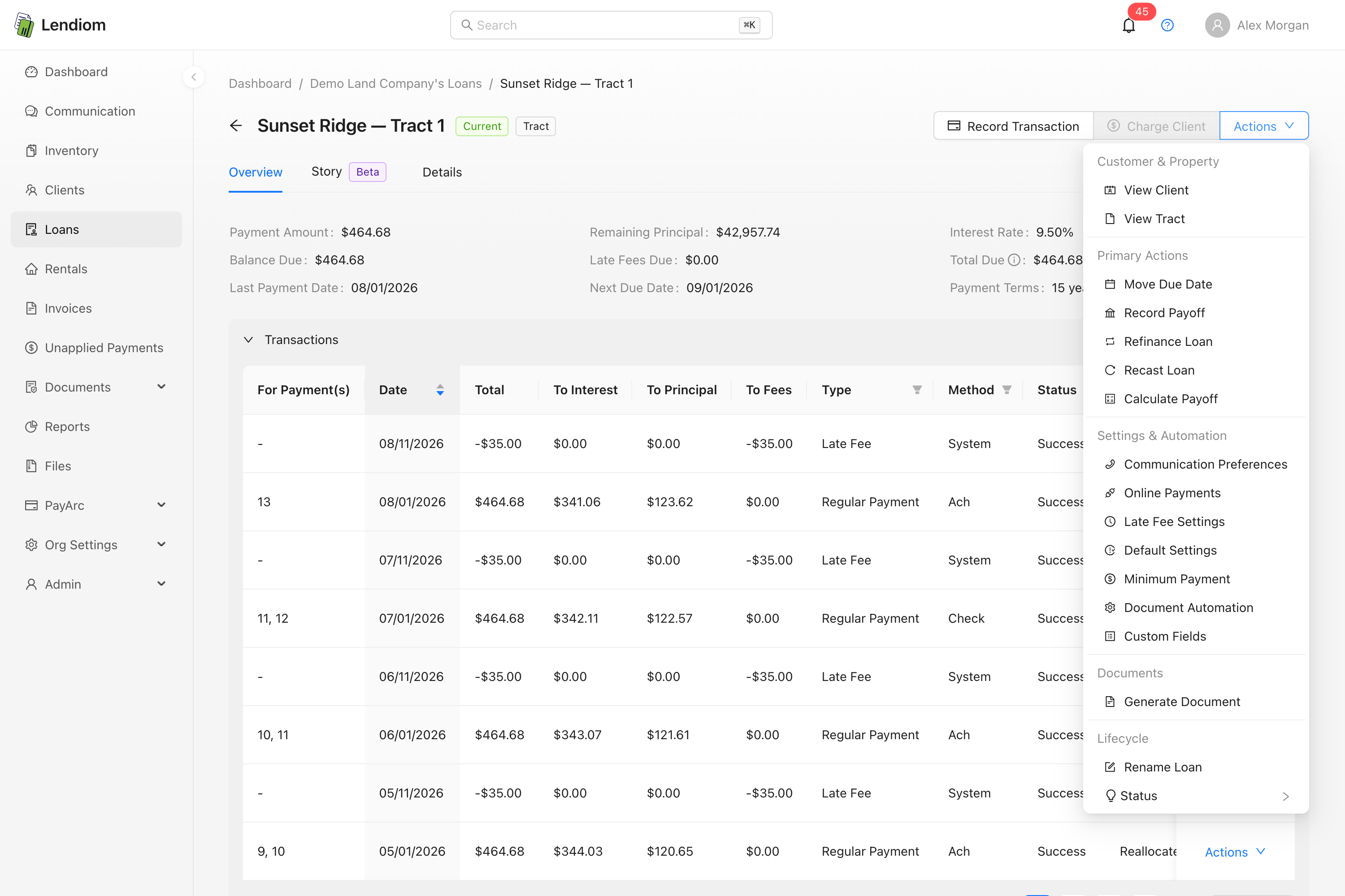 A current tract loan with its Actions dropdown open, showing the primary actions