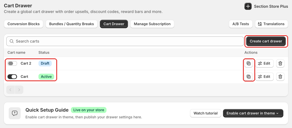Cart Drawer list in Section Store with two carts: Cart is Active, Cart 2 is Draft. Highlighted: the Enabled switch and status, Duplicate cart, and Create cart drawer.