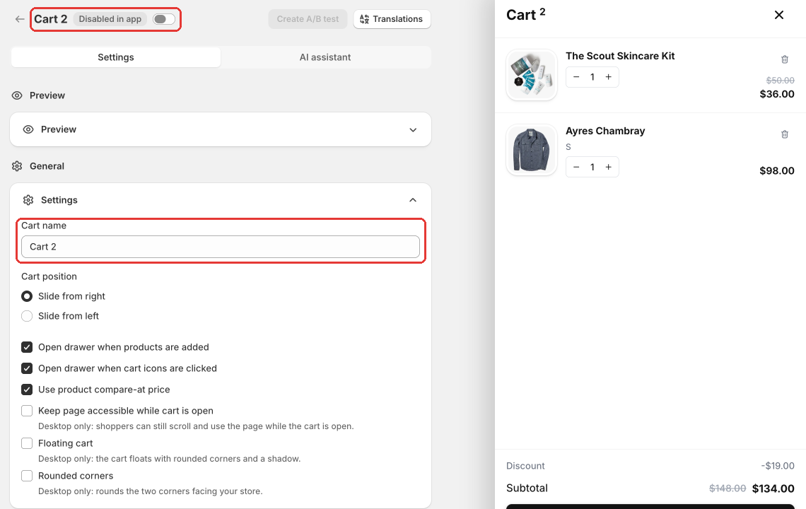 Cart editor with Settings open. Highlighted: the Cart name field and the Enabled switch next to the cart title.