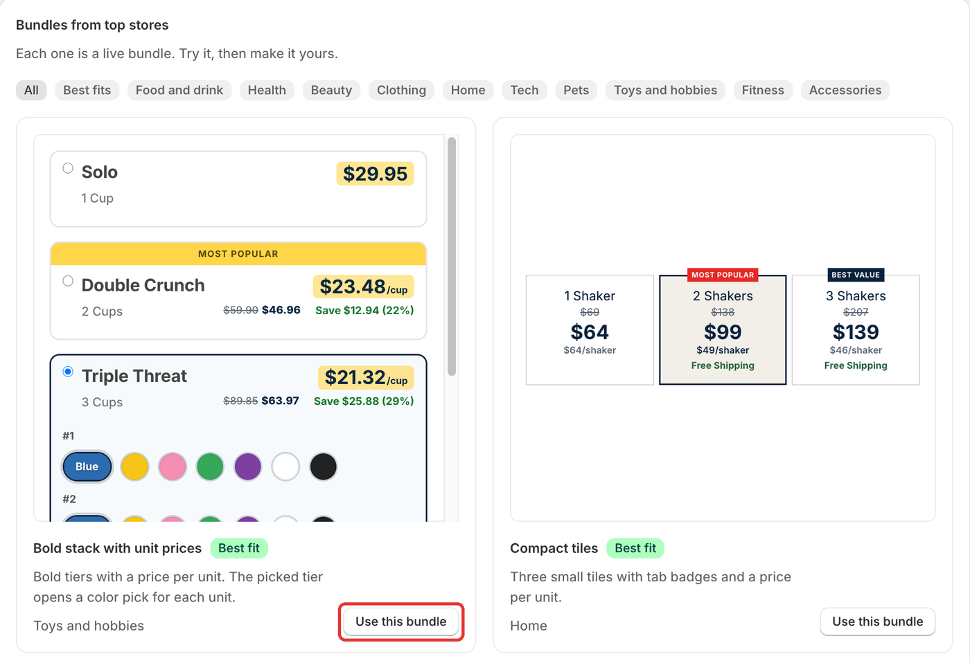 Bundles from top stores on the Bundles page: filter chips (All, Best fits, Food and drink, Health, Beauty and more) above live bundle cards, each with a name, a Best fit tag and a Use this bundle button. Highlighted: Use this bundle.
