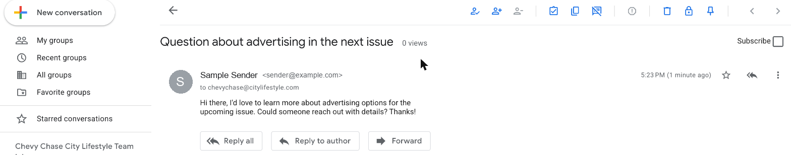 An open conversation with Reply all, Reply to author and Forward buttons