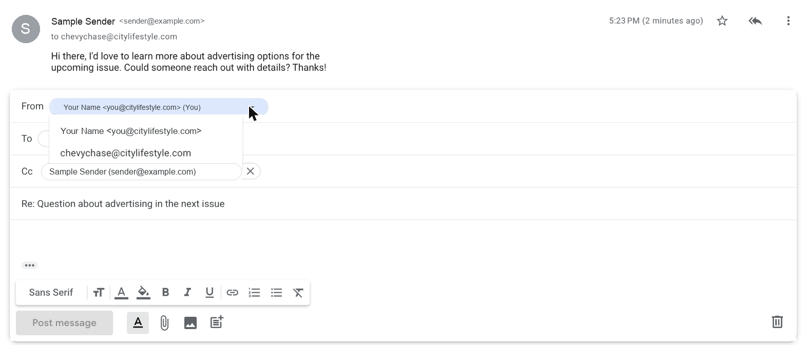 The From menu with the shared address option