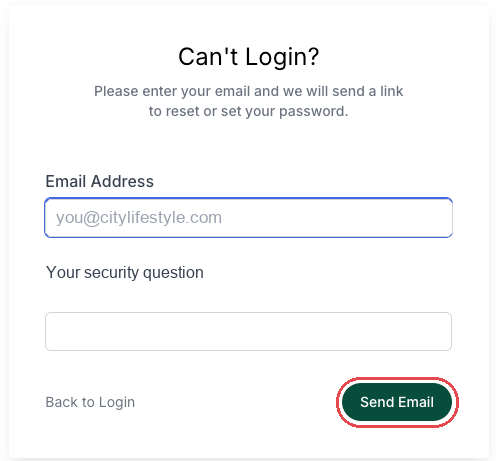 ARC Can't Login page with the Send Email button highlighted