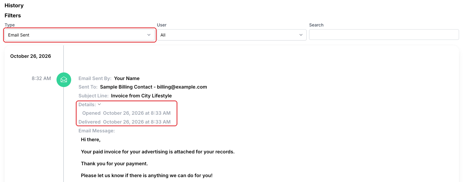 Account History with the Type filter set to Email Sent and the Details section expanded
