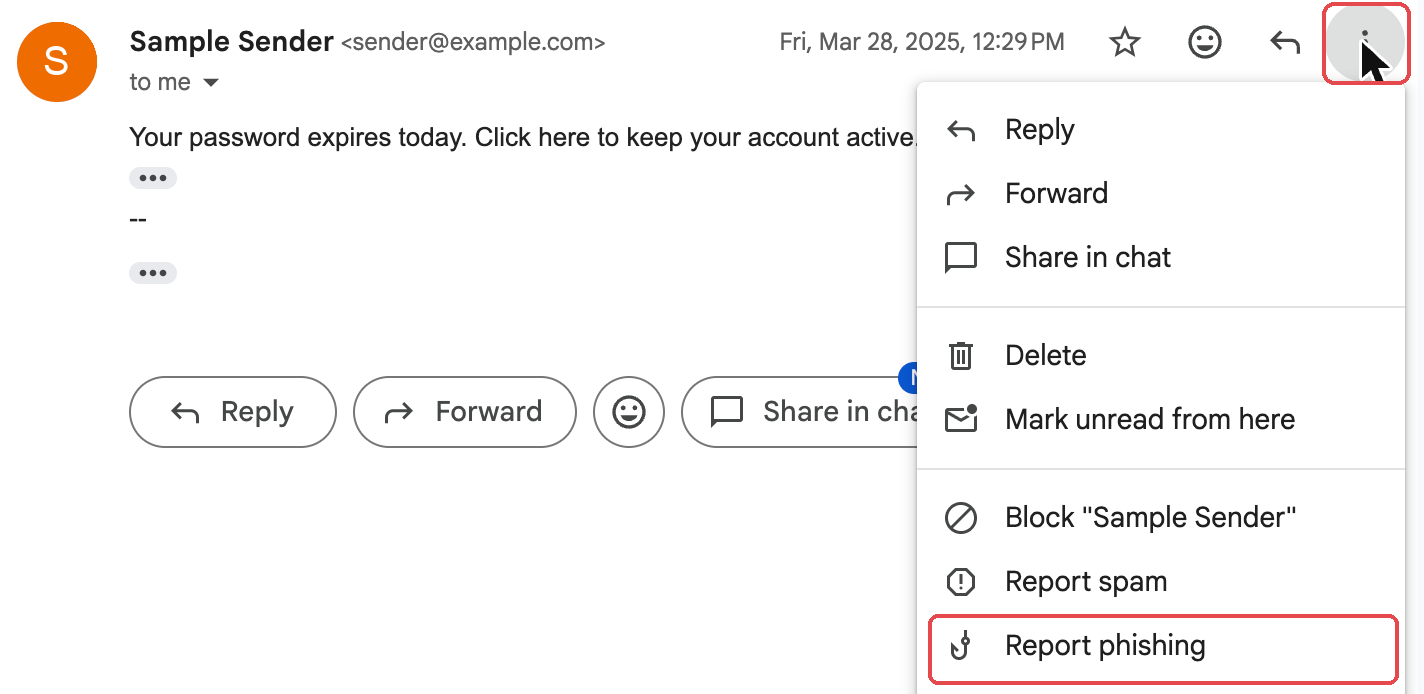 Gmail message options menu with Report phishing highlighted