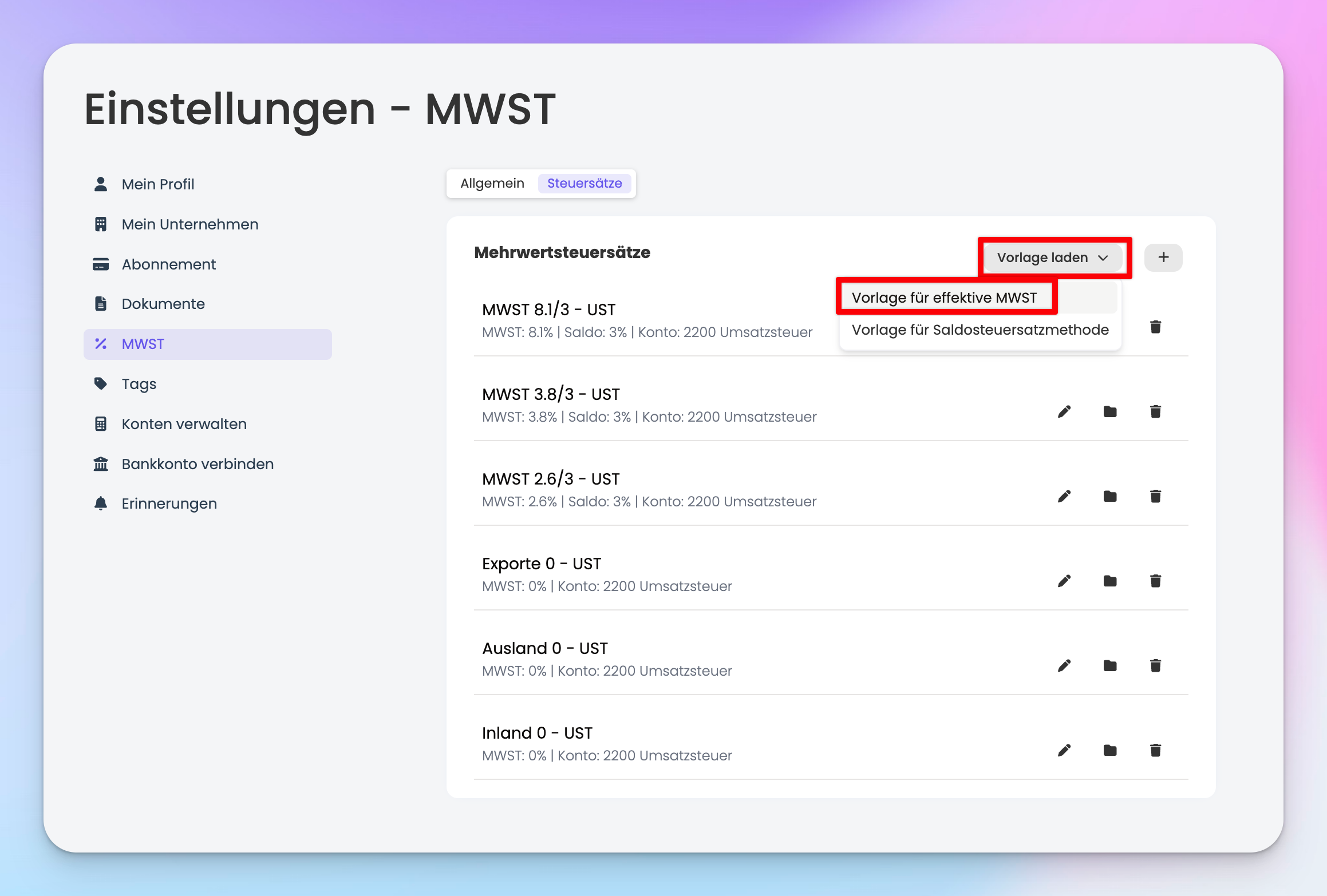 vorlage für die effektive mwst abrechnung