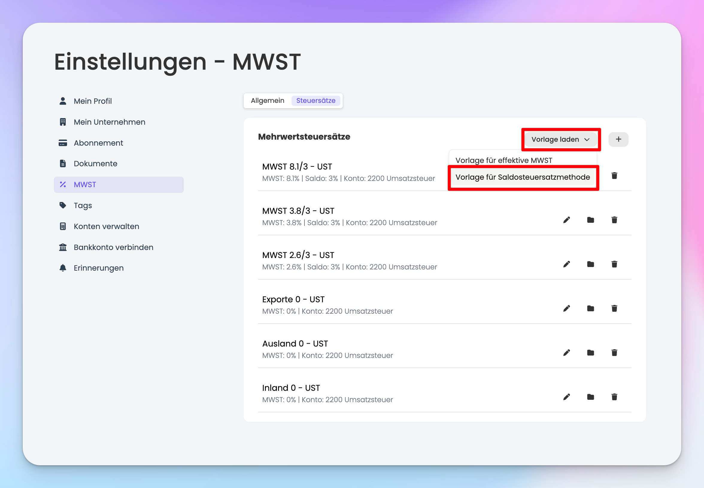 Vorlage für Saldosteuersatz