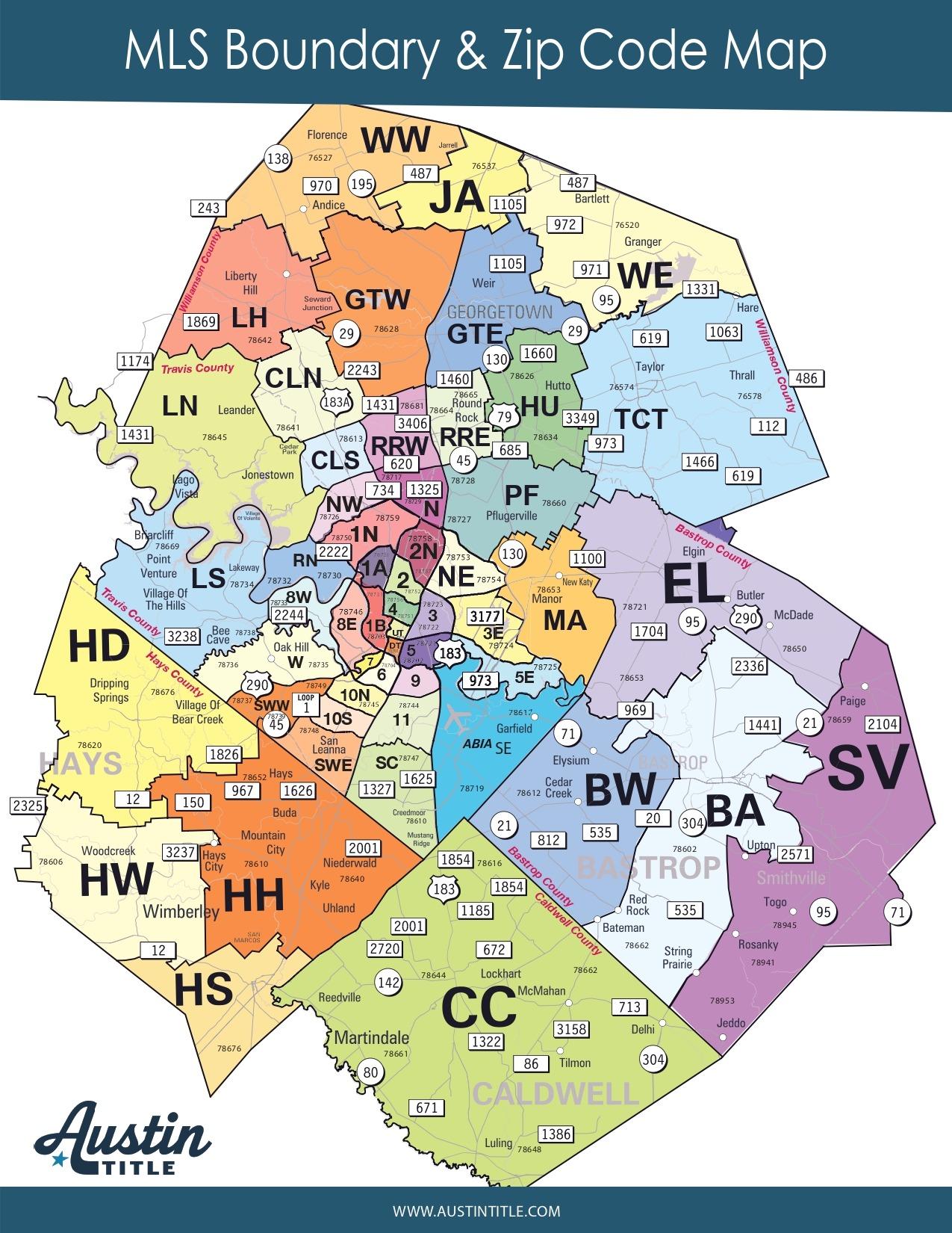 Austin MLS area boundaries and ZIP codes shown on a color-coded map