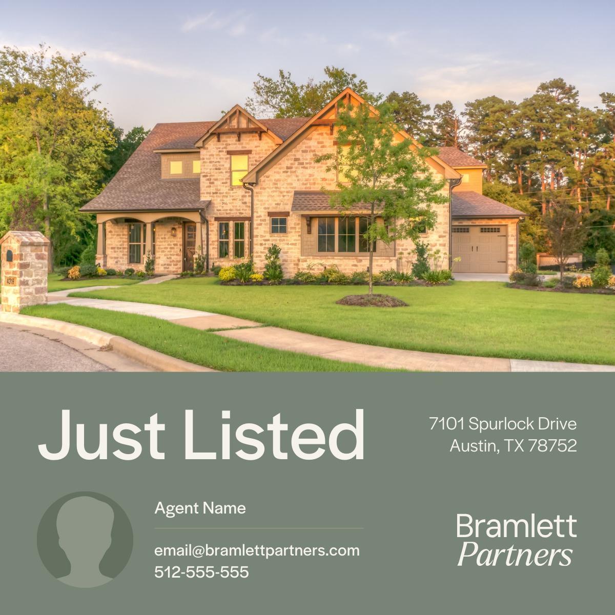 Just Listed social media template with property photo and a green listing-details panel