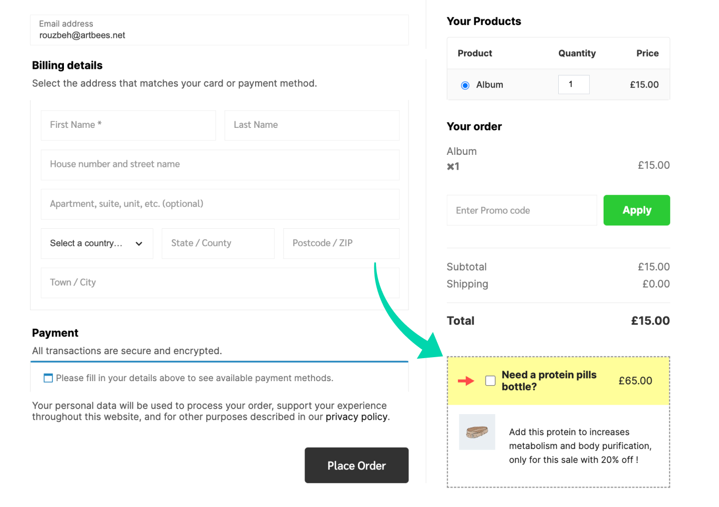 An example of order bump below the order summary in the checkout page