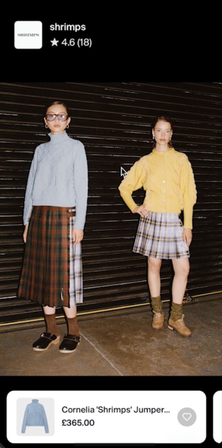 Photo of two women wearing plaid clothes, with a shoppable product below.
