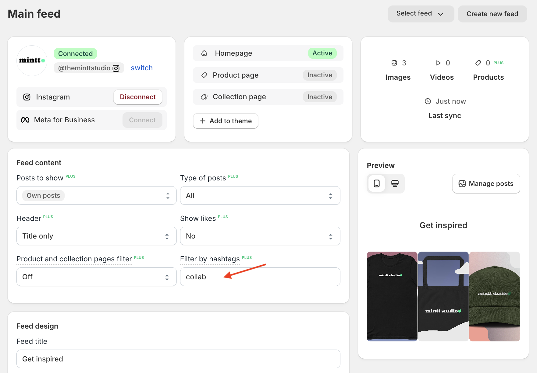 Screenshot of Instafeed Shopify app, showing the onboarding screen with a red arrow pointing to the hashtag 'collab' in the filter by hashtags field.